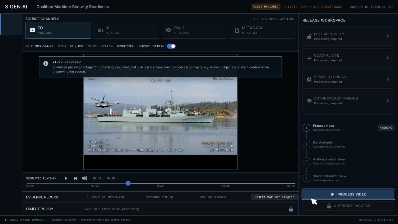 Sigen AI maritime information-sharing prototype showing source controls, release workflows and an evidence record.